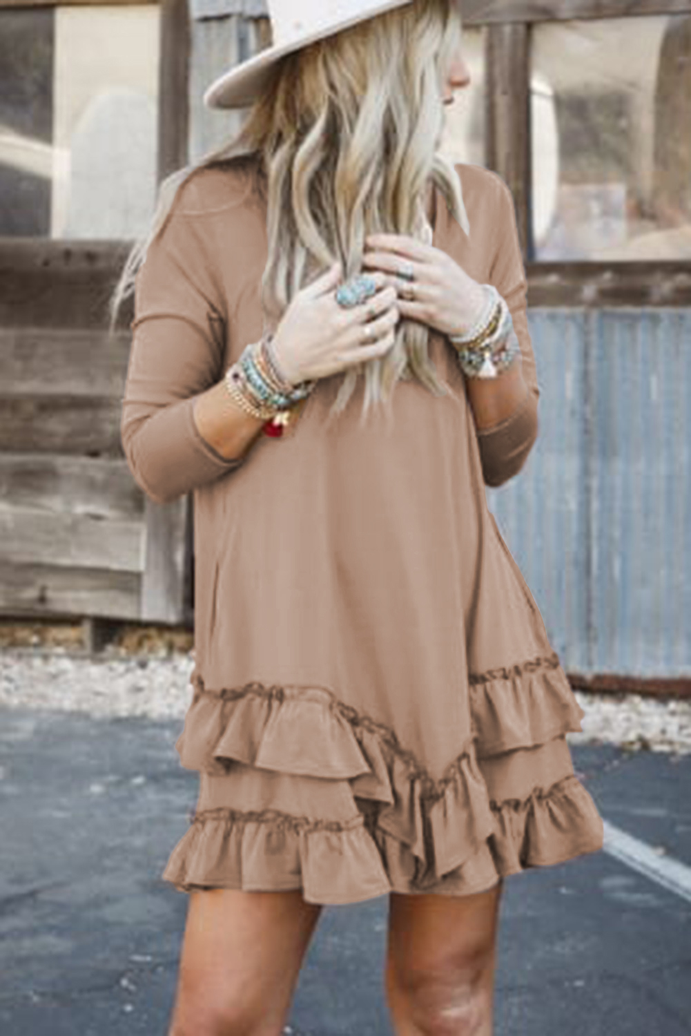 Goat Scoop Neck Tiered Ruffled Hem Long Sleeve Mini Dress - Image 4