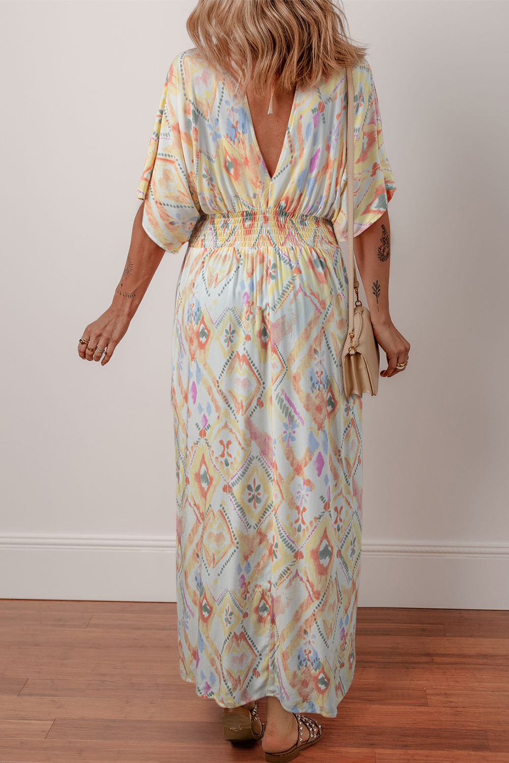 Multicolour Geometric Print Half Sleeve Shirred High Waist Maxi Dress - Image 2