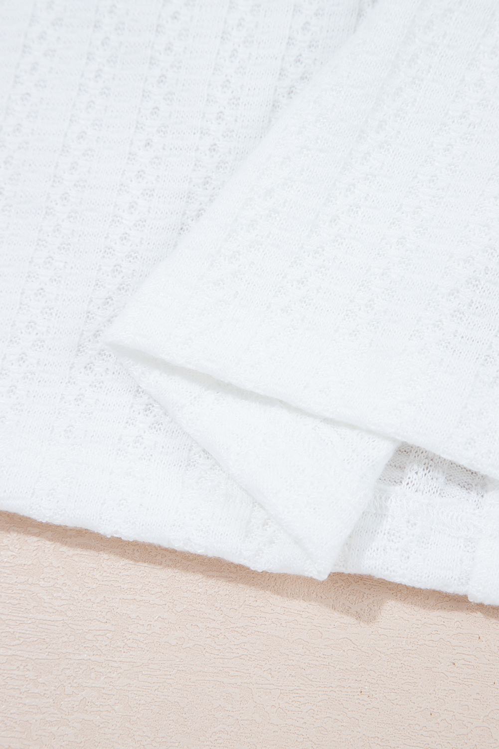 White Textured Hollow Grommet Placket Split Neck Short Sleeve Top - Image 8