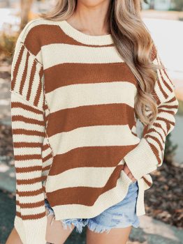 Brown Stripe Drop Shoulder Sleeve Patchwork Baggy Sweater