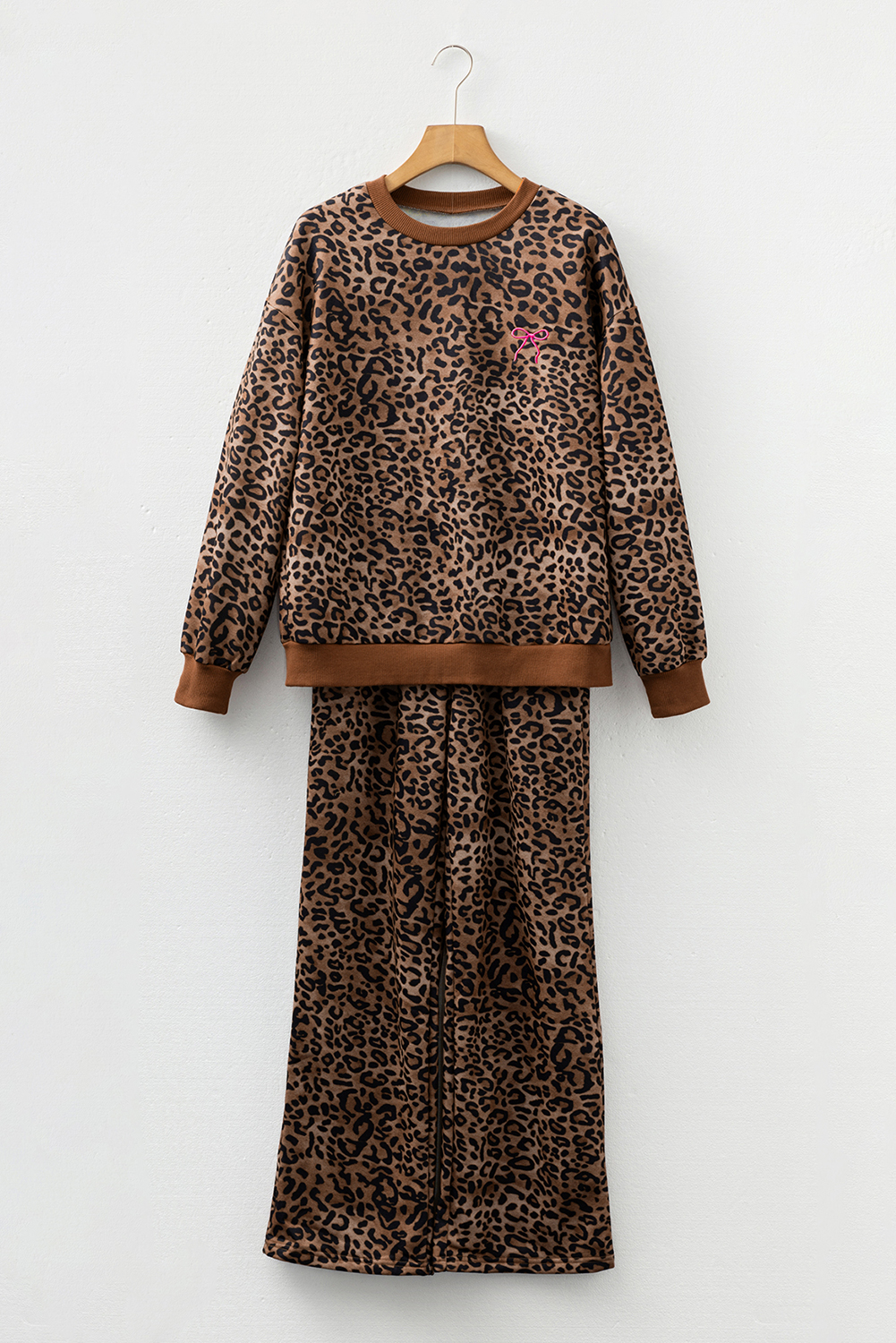 Coffee Leopard Print Contrast Trim Long Sleeve Top and Pants Set - Image 6