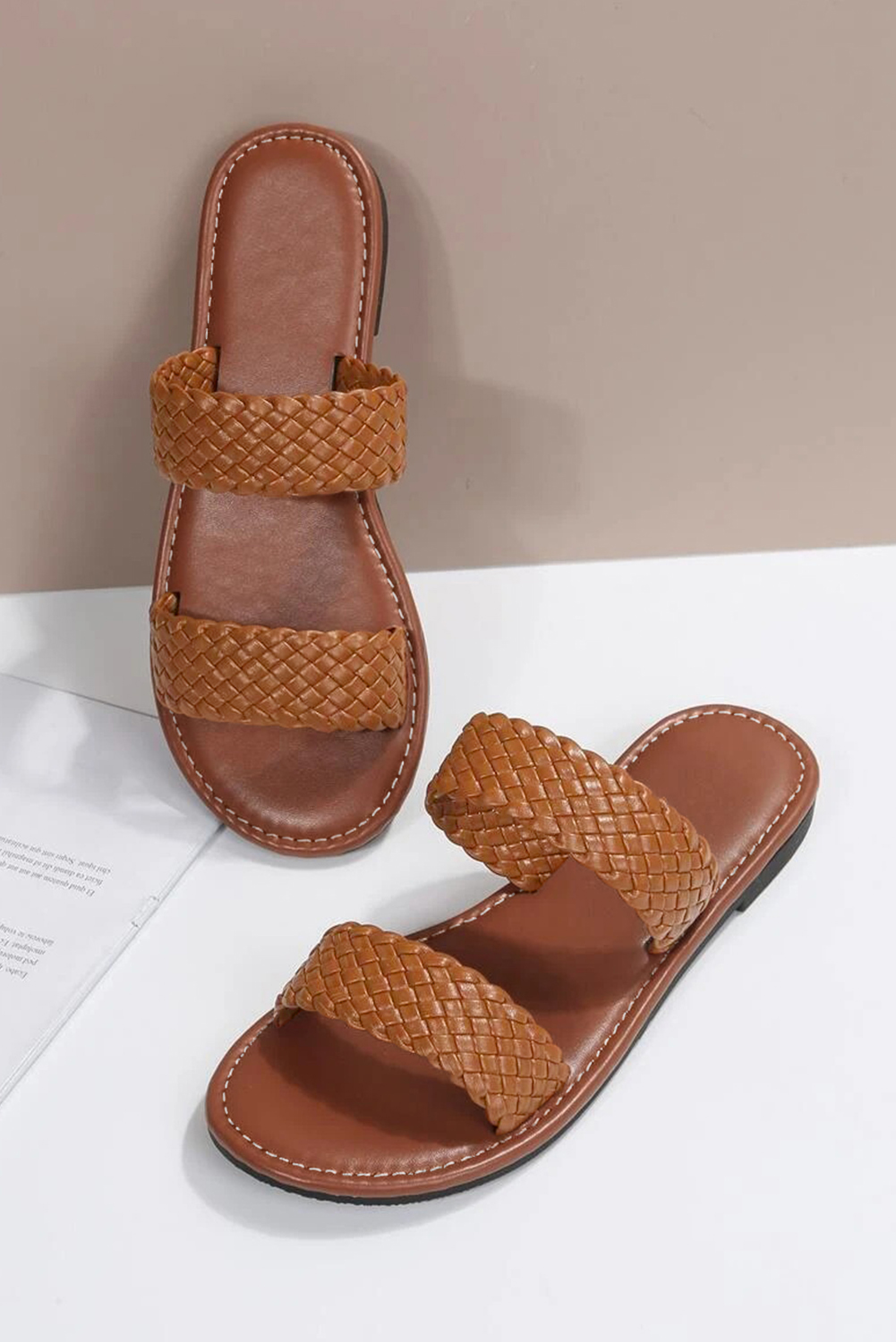 Chestnut Braided Double Band Leathered Flat Slippers - Image 5
