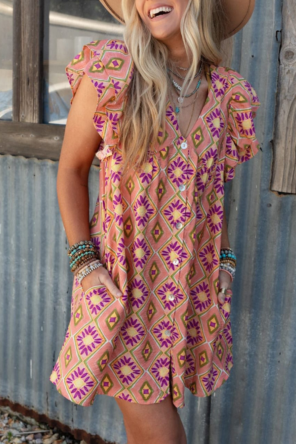 Orange Geometric Floral V Neck Buttoned Ruffled Sleeve Mini Dress - Image 8