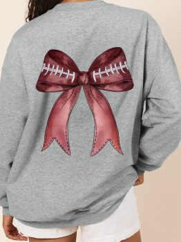 Gray Football Bow Print Drop Shoulder Pullover Sweatshirt