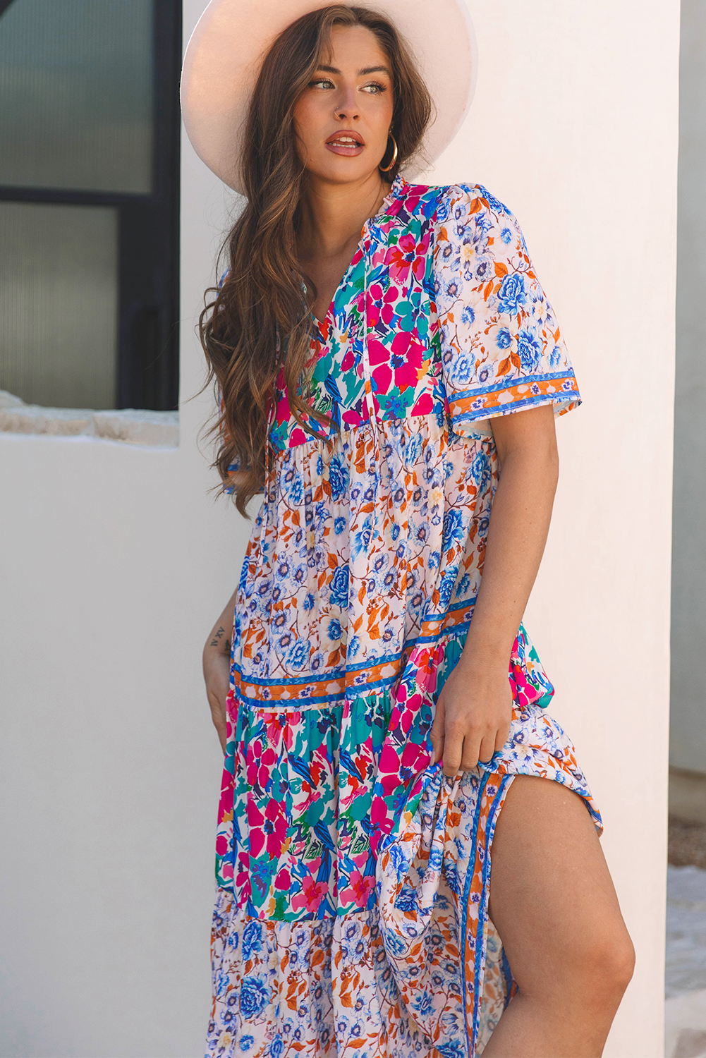 Sky Blue Mixed Floral Print Tie Split Neck Short Sleeve Dress - Image 5