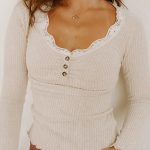 Beige Lace Neckline Button Decor Lettuce Edge Long Sleeve Ribbed Top