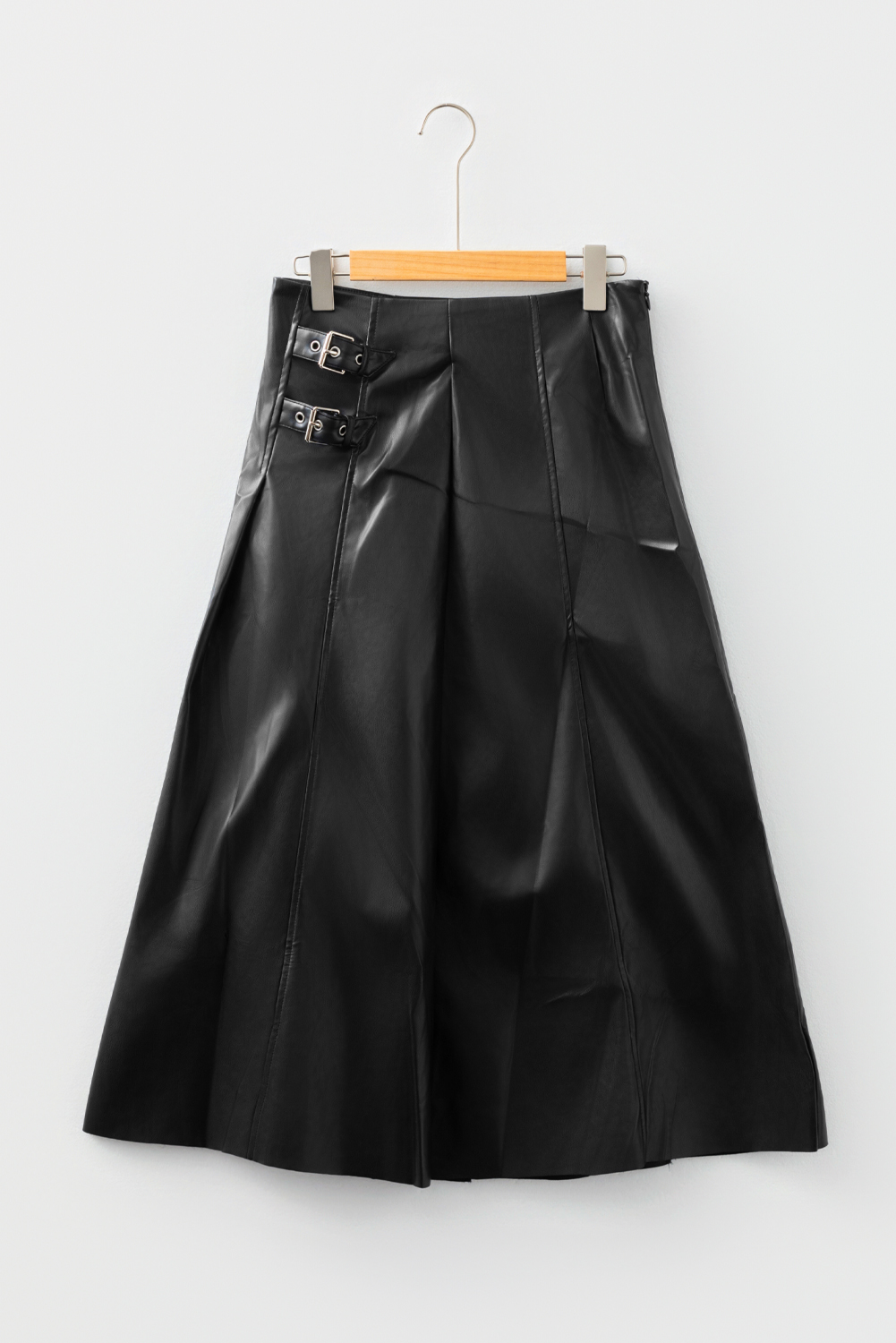 Black Faux Leather Retro Buckle Detail Pleated Stitch Flared Midi Skirt - Image 7