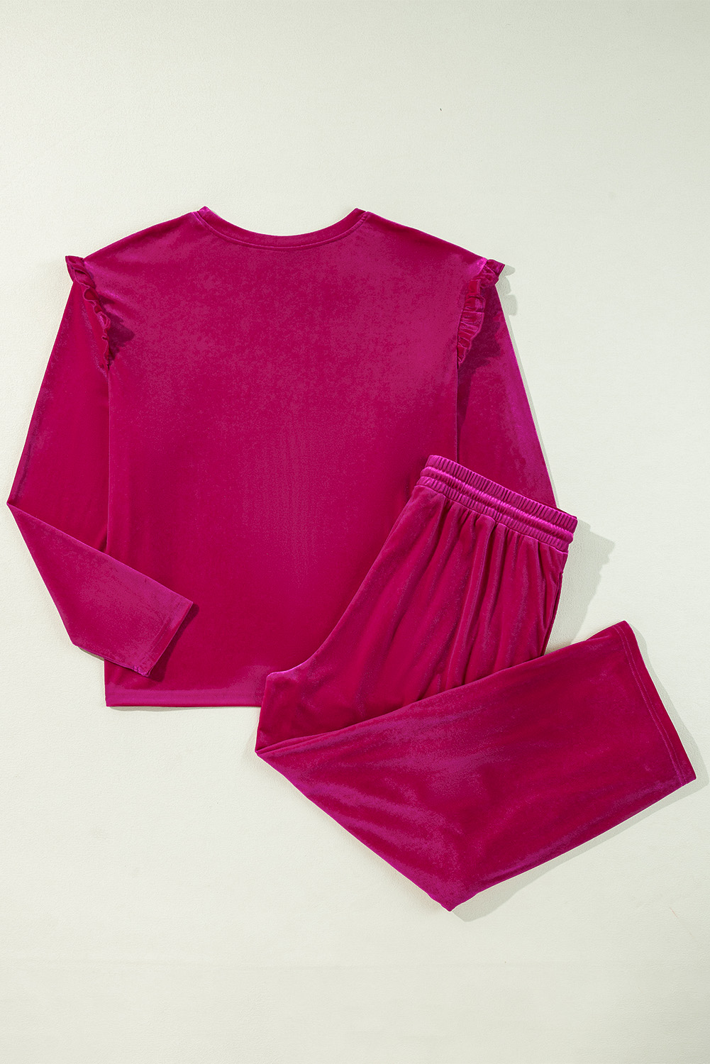 Rose Red Solid Velvet Ruffled Two Piece Pants Set - Image 6