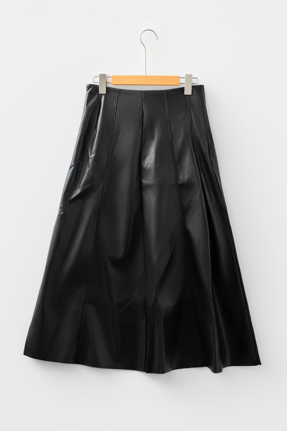 Black Faux Leather Retro Buckle Detail Pleated Stitch Flared Midi Skirt - Image 8