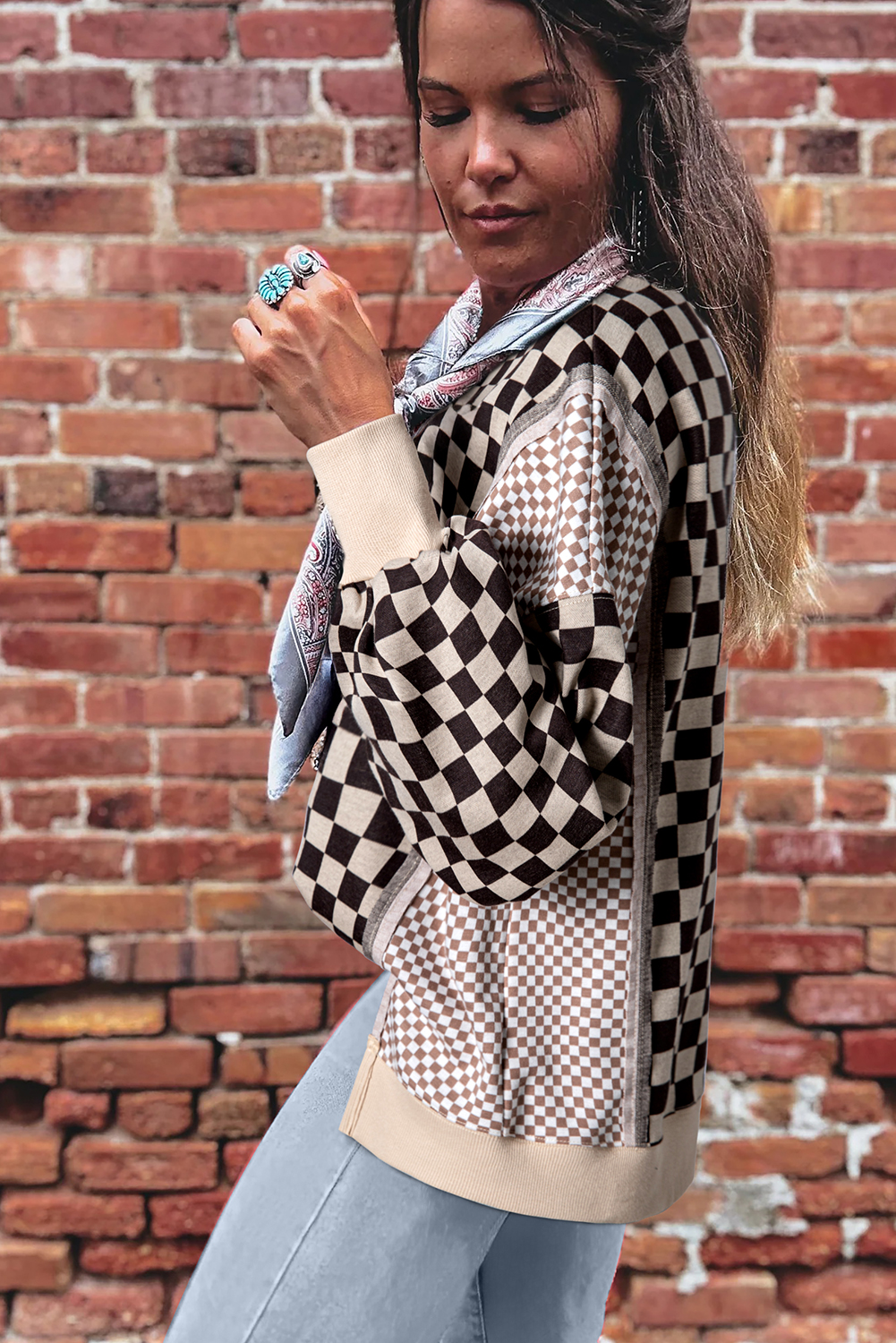 Khaki Mixed Checkered Pattern Patchwork High Low Casual Top - Image 2