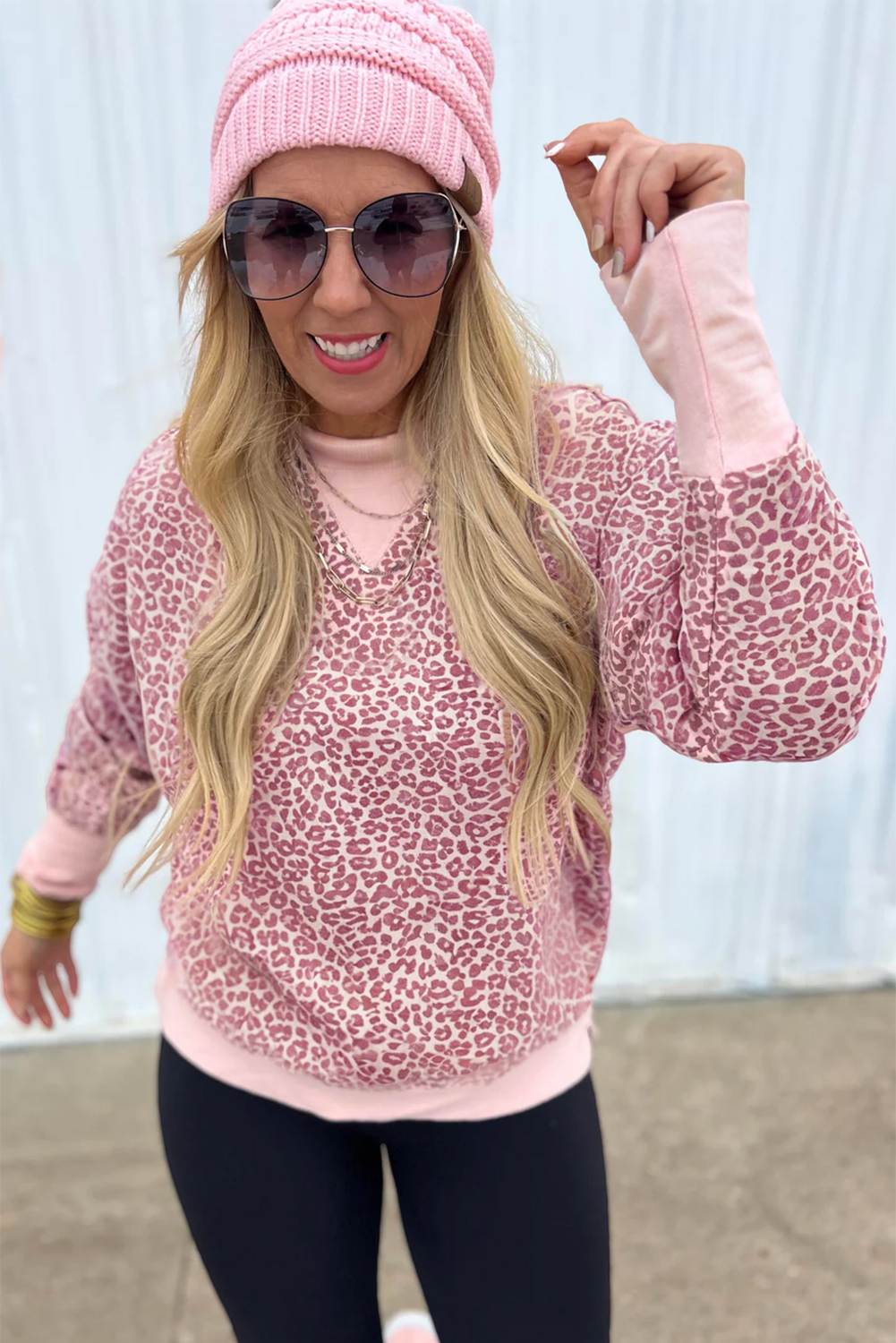Pink Leopard Print Patchwork Crew Neck Sweatshirt - Image 2