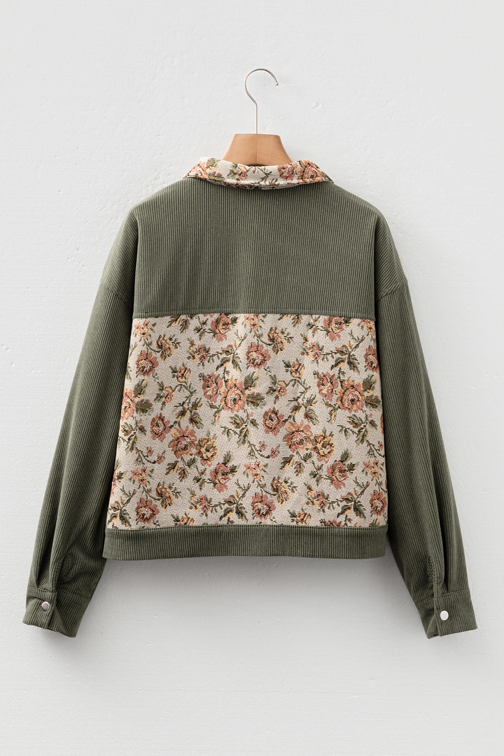 Sage Green Ribbed Retro Floral Patchwork Shirt Style Jacket - Image 8