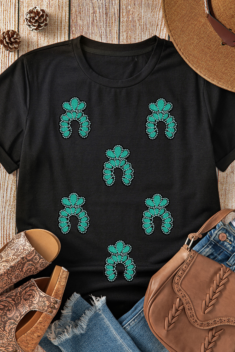 Black Western Turquoise Pattern Sequin Patched T Shirt - Image 2