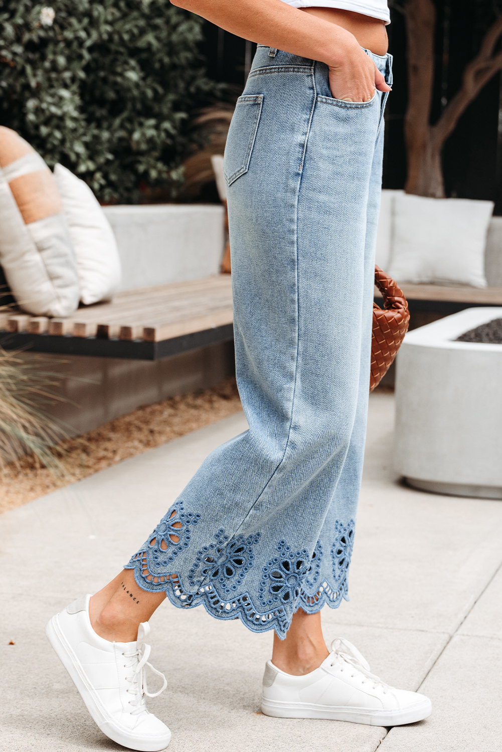 Dusk Blue Embroidered Cropped Wide Leg High Waist Jeans - Image 3