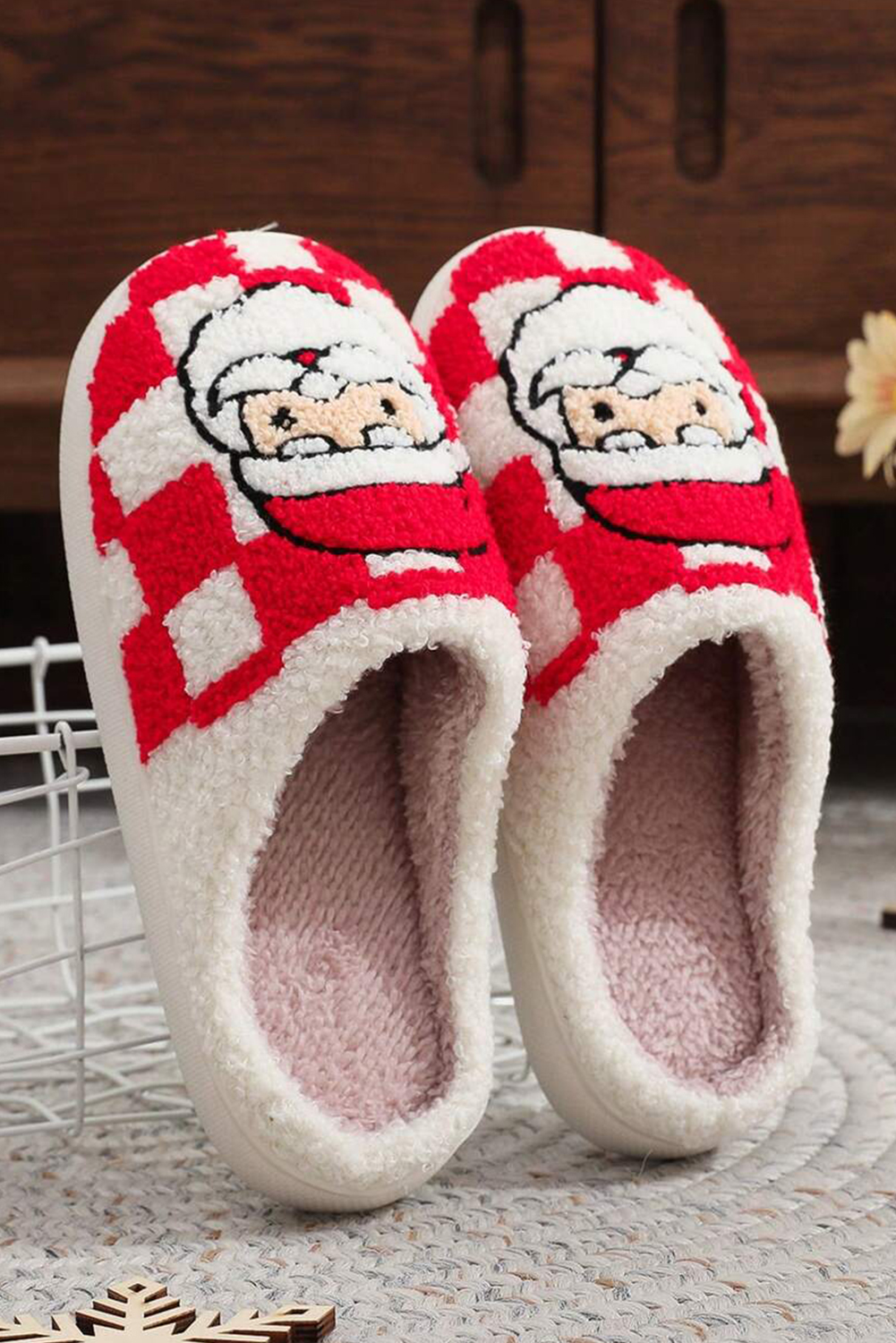 Fiery Red Checkered Santa Claus Graphic Plush Home Slippers - Image 2