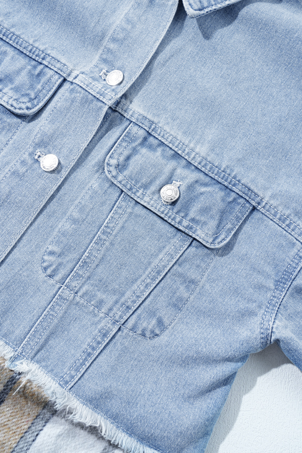 Khaki Plaid Patchwork Buttoned Oversized Denim Jacket - Image 8