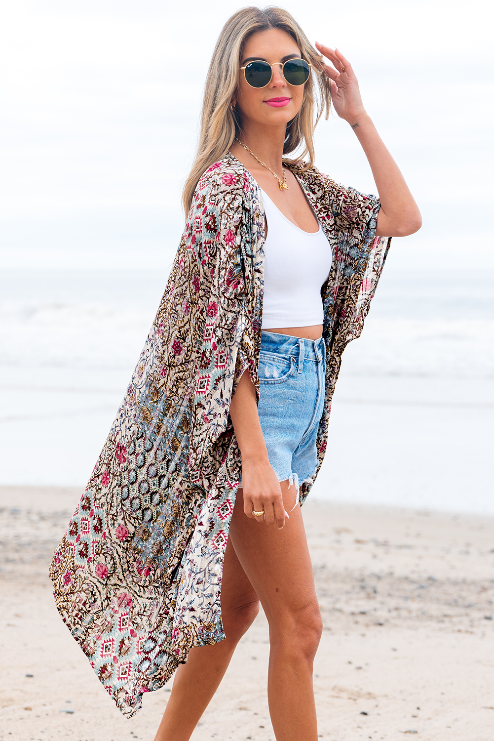 Apricot Floral Print Short Wide Sleeve Open Front Loose Kimono - Image 3
