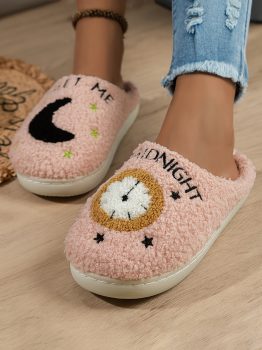 Light Pink Moon & Clock Pattern Fuzzy Home Slippers