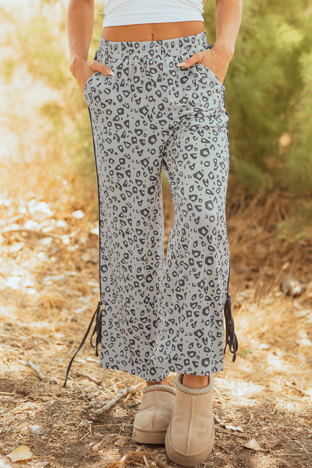 Gray Leopard High Waist Side Bow Straight Leg - Image 5