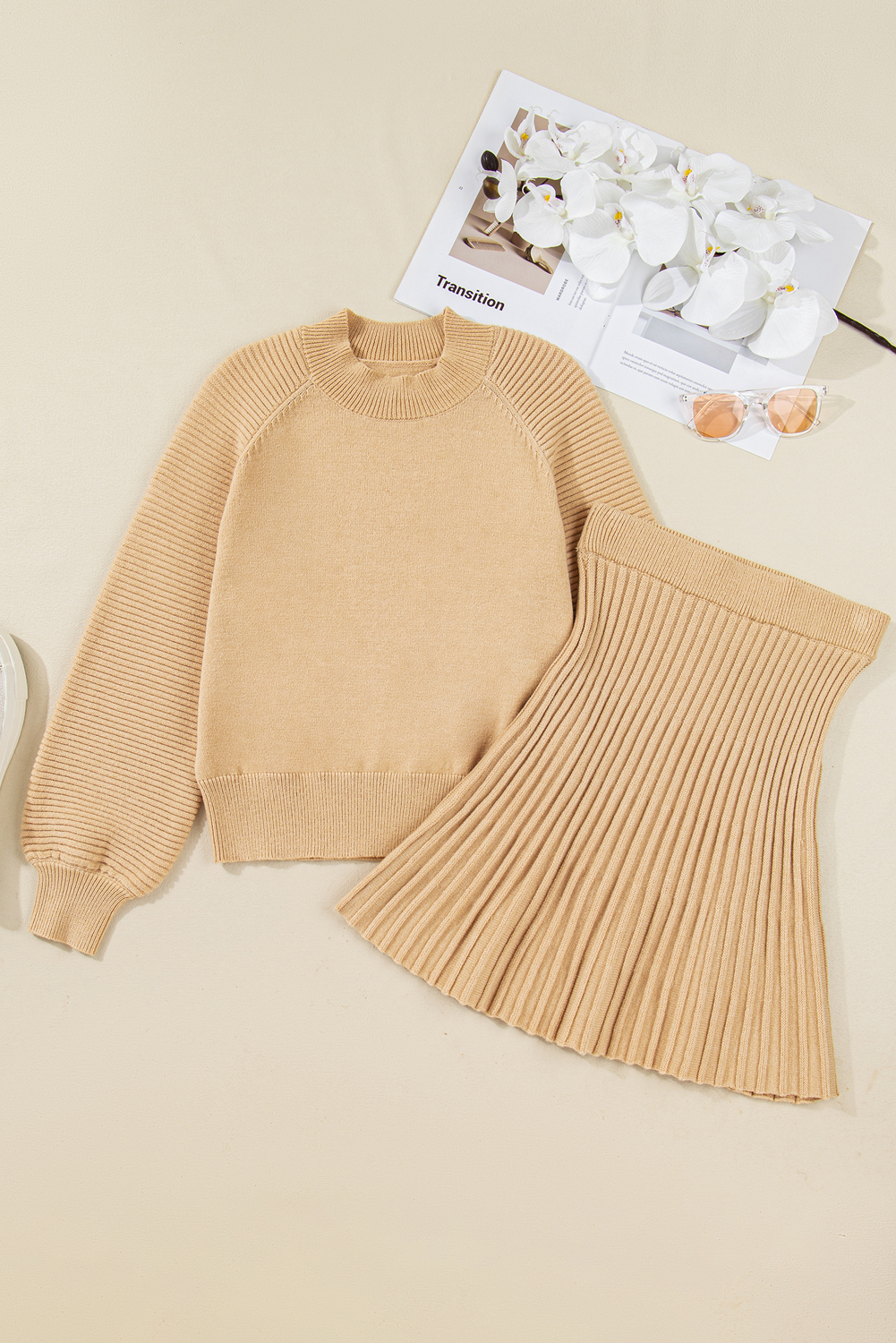Smoke Gray High Neck Puff Sleeve Sweater Pleated Mini Skirt 2pcs Knitted Outfit - Image 3