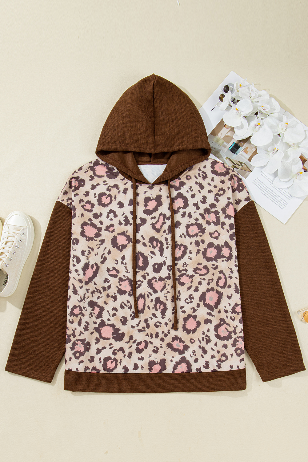 Brown Leopard Print Knit Patchwork Plus Hoodie - Image 8