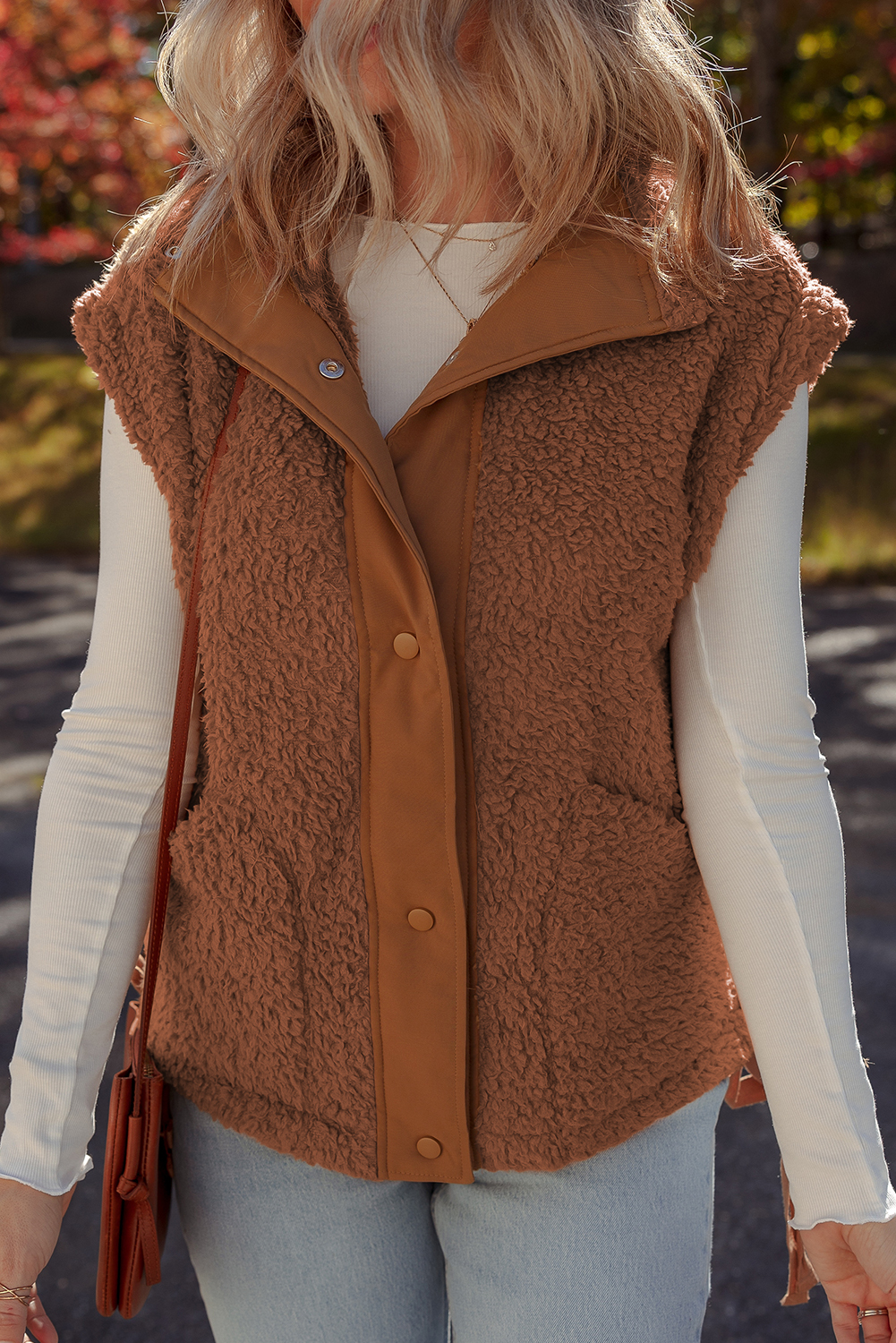 Cinnamon Faux Fur Snap Button Front Knot Side Plush Vest with Pockets - Image 3