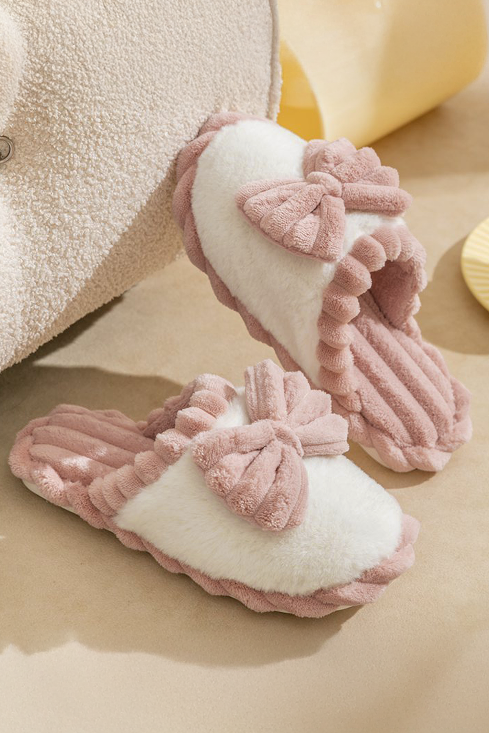 Fushia Bow Decor Color Block Ribbed Plush Slippers - Image 2