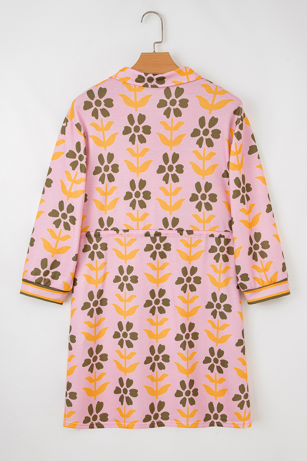 Pink Floral Print Zip Neck Striped Patchwork Long Sleeve Drawstring Dress - Image 6