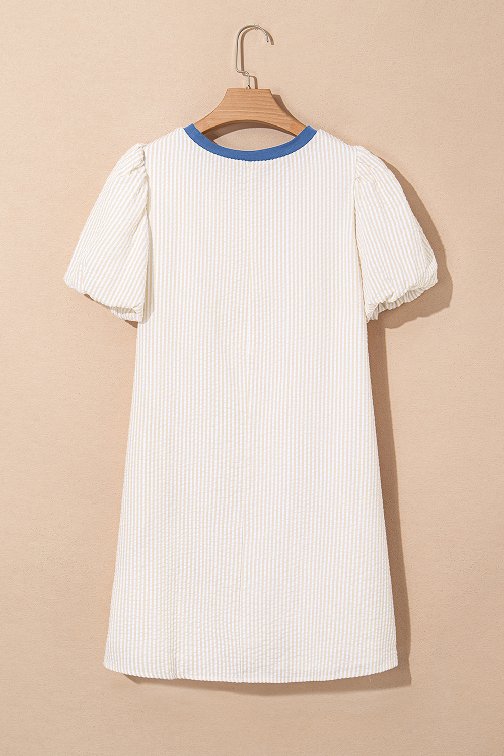 Beige Stripe Seersucker Contrast Round Neck Puff Sleeve T Shirt Dress - Image 5