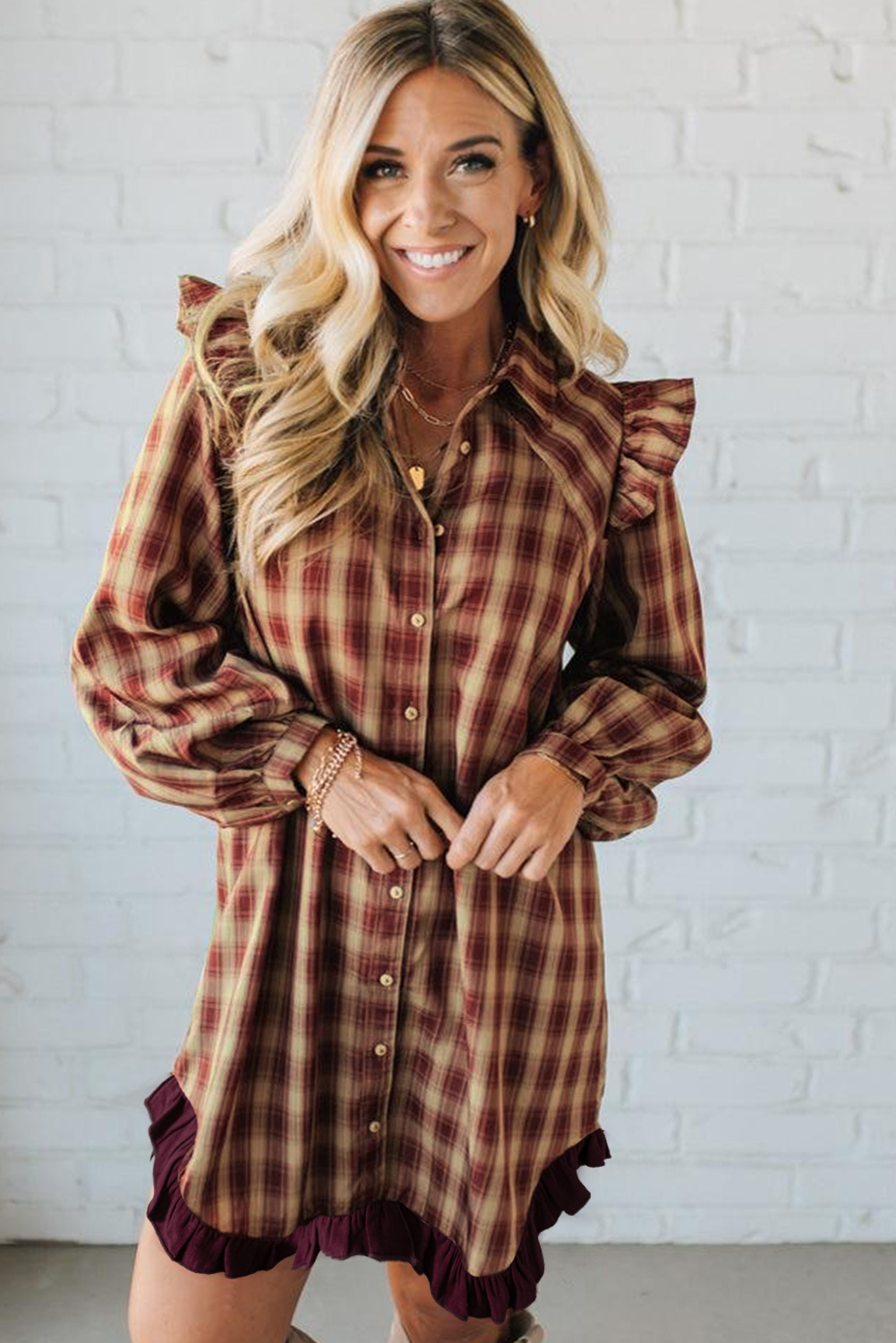 Red Plaid Print Ruffled Long Sleeve Patchwork Hem Mini Shirt Dress - Image 7
