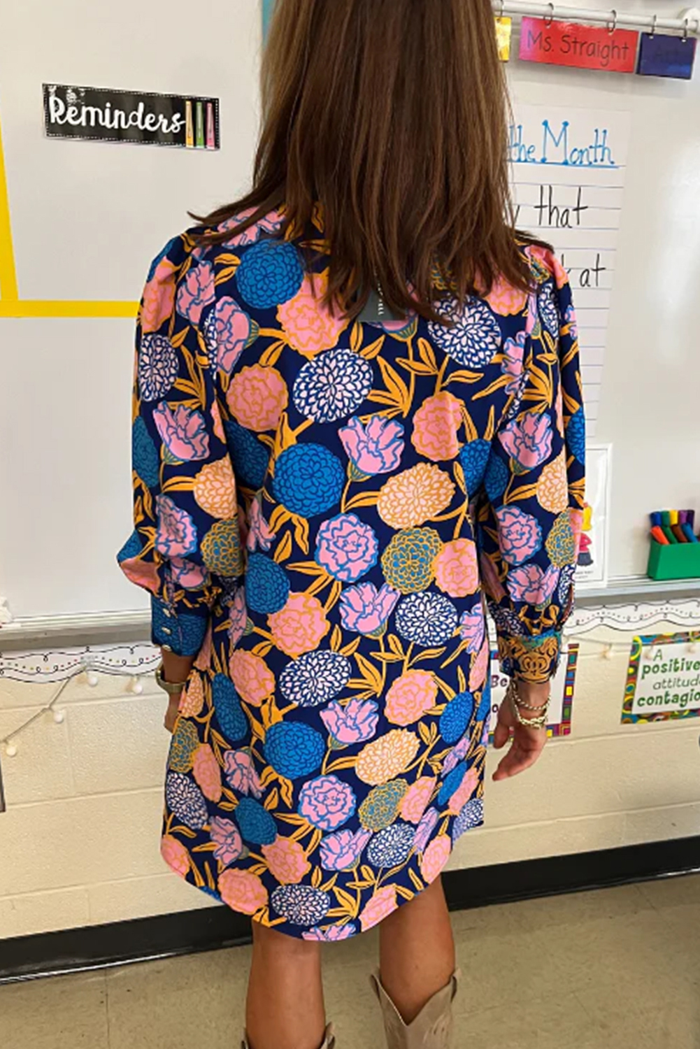 Navy Blue Hydrangea Floral Print Bishop Sleeve V Neck Shift Dress - Image 2
