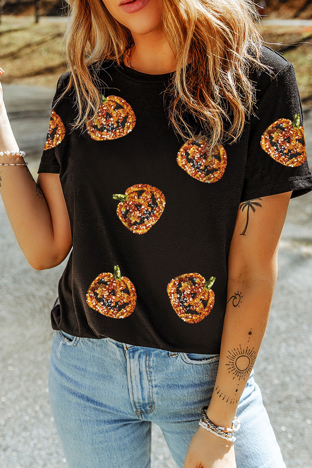 Black Sequin Pumpkin Face Halloween T Shirt - Image 2