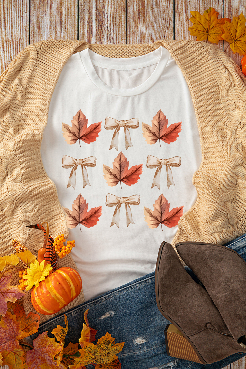 White Fall Leaf Bow Print Thanksgiving T Shirt - Image 6