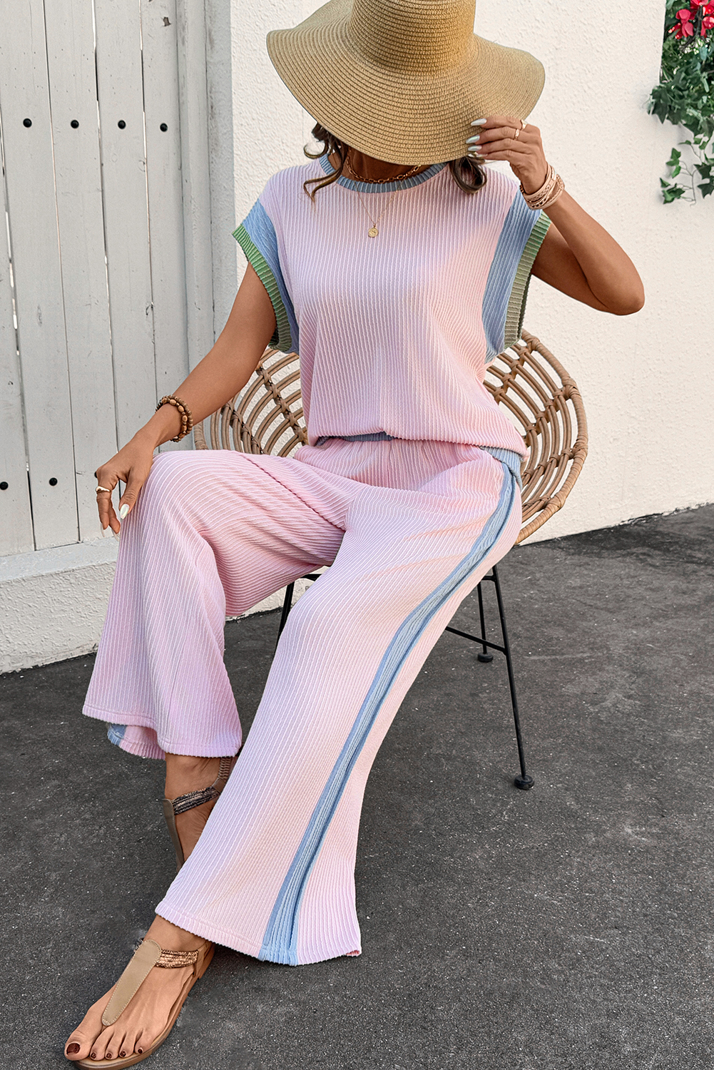 Pink Corded Colorblock Patchwork Short Sleeve Top and Loose Pants Set - Image 5
