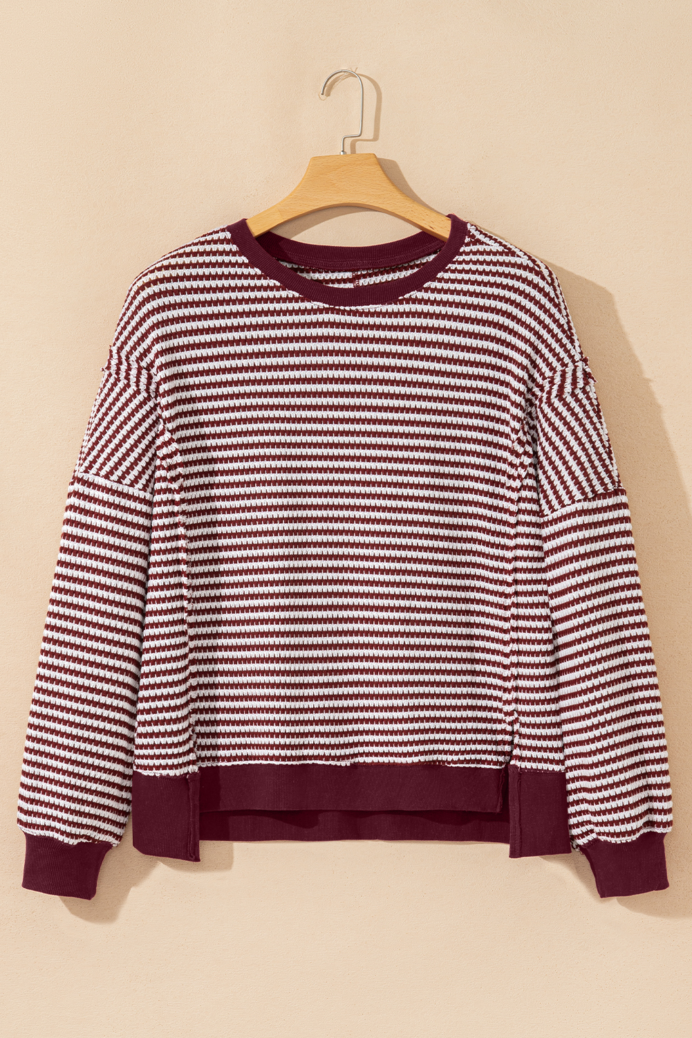 Red Stripe Ribbed Trim Drop Shoulder Long Sleeve Oversize Top - Image 3