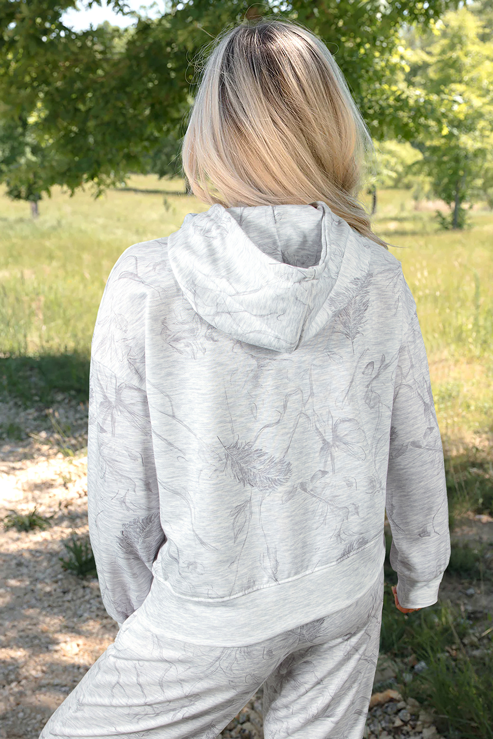 Light Grey Abstract Print Loose Drop Sleeve Hoodie Elastic Waistband 2pcs Pant Set - Image 2