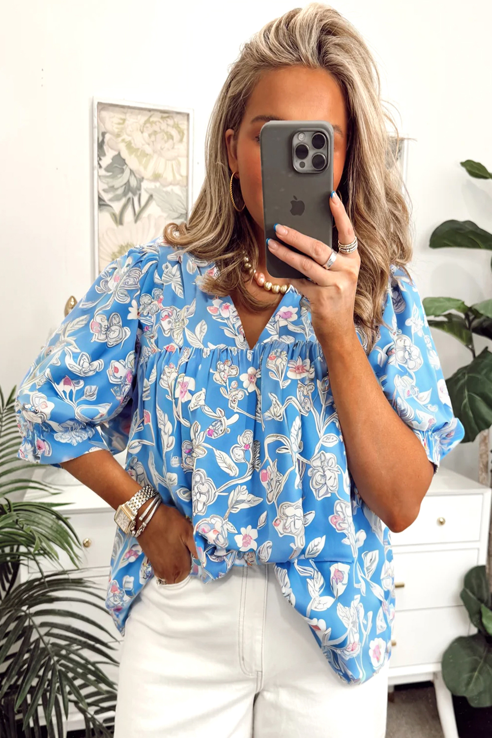 Sky Blue V Neck Floral Print 3/4 Puff Sleeve Blouse - Image 2