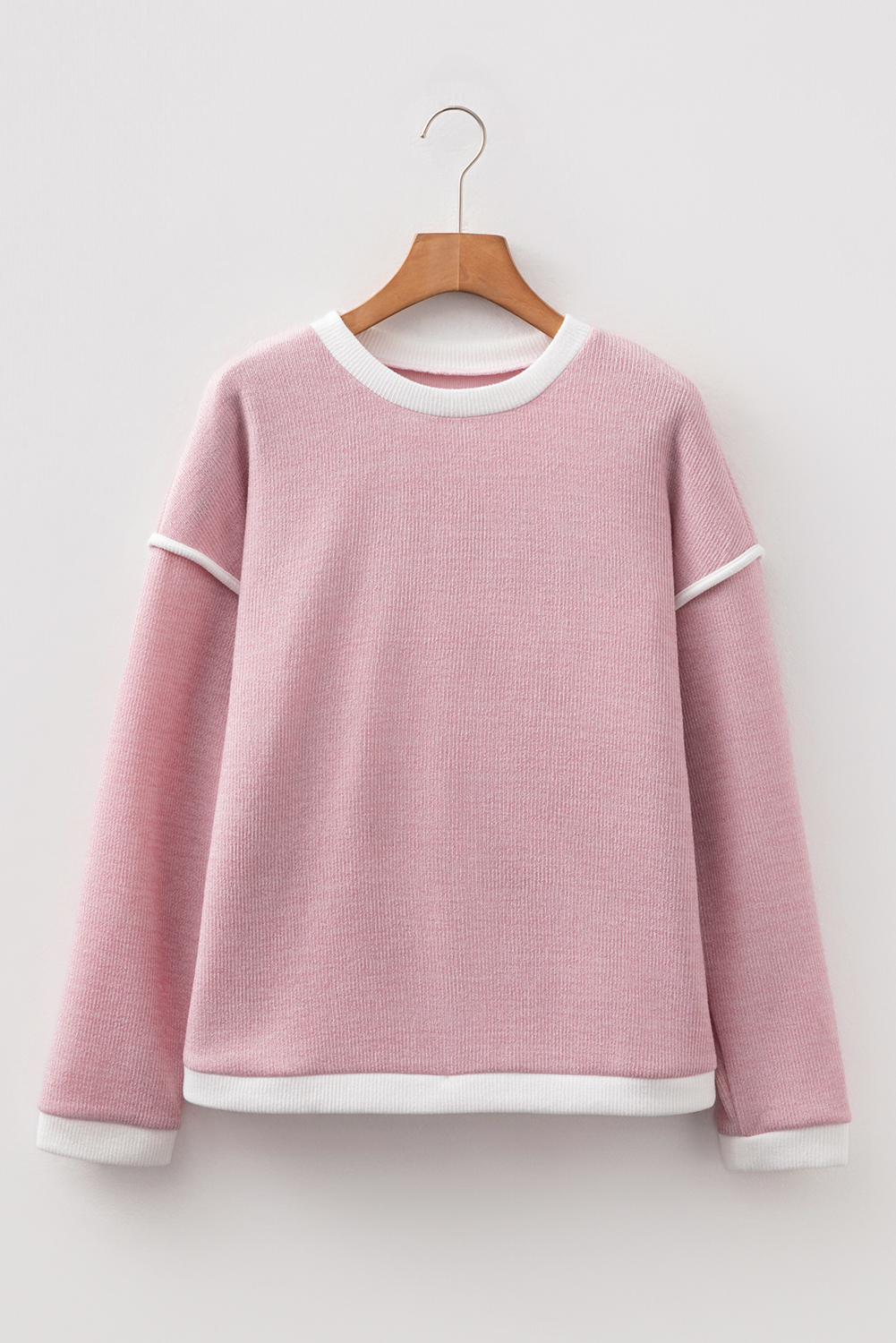 Light Pink Contrast Color Trim Knit Drop Shoulder Loose Top - Image 6