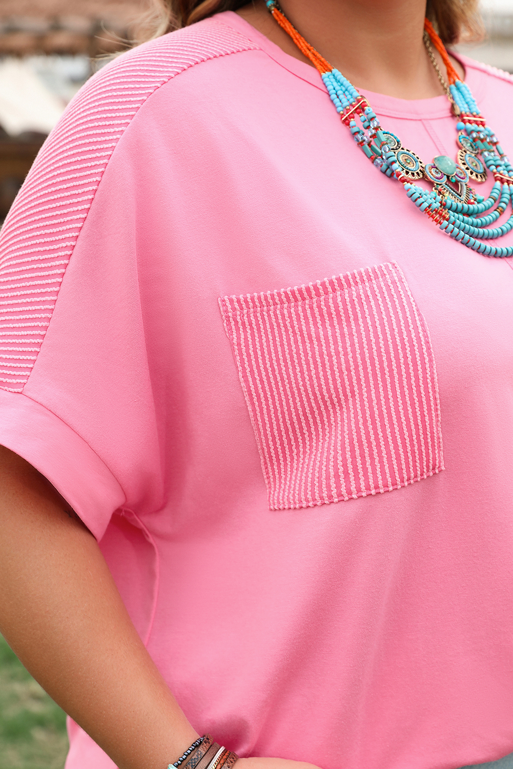 Bonbon Corded Patchwork Pocketed Plus Size T Shirt - Image 7