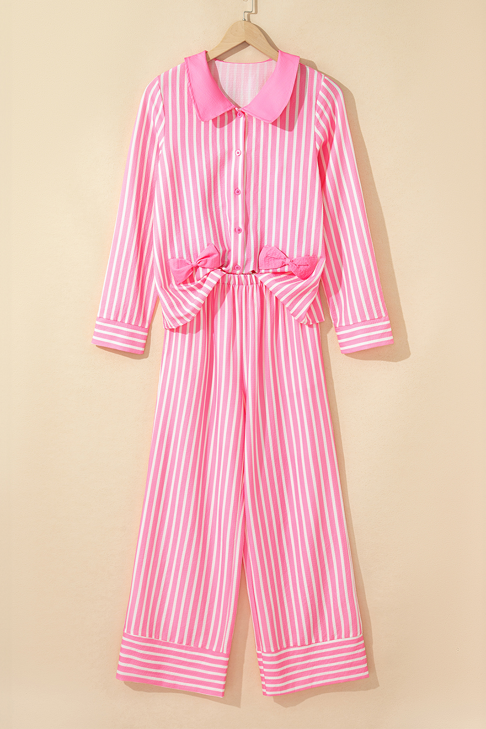 Pink Stripe Buttoned Front Long Sleeve Top and Pants 2 Piece Sleepwear - Image 4