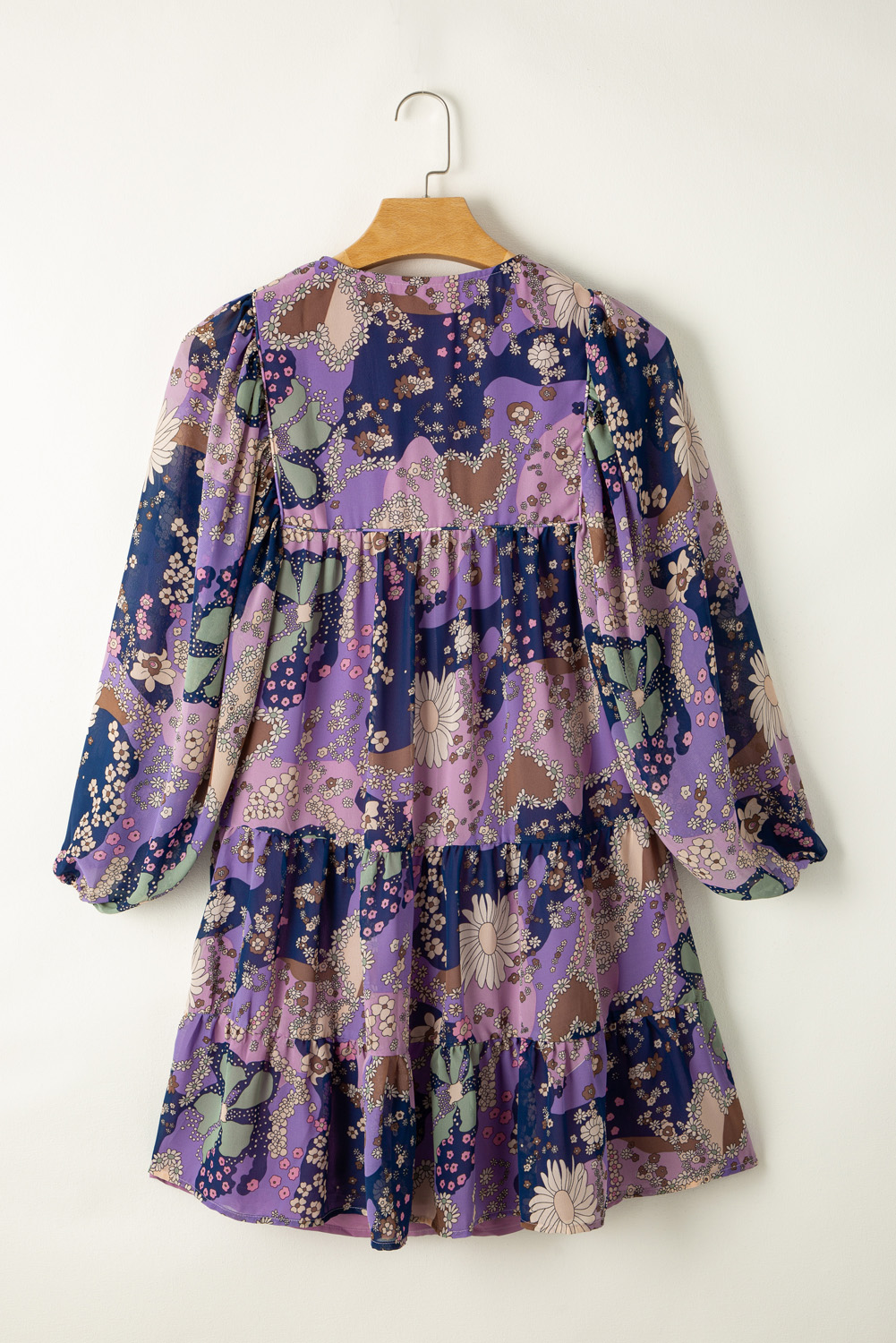 Purple Vintage Daisy Floral Puff Sleeve Ruffle Short Dress - Image 6