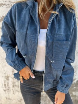 Real Teal Corduroy Drawstring Hooded Pocket Zip Up Jacket