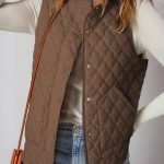 Dark Brown Flower Shape Quilted Snap Button Zip Up Winter Vest