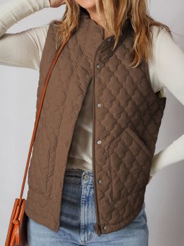 Dark Brown Flower Shape Quilted Snap Button Zip Up Winter Vest