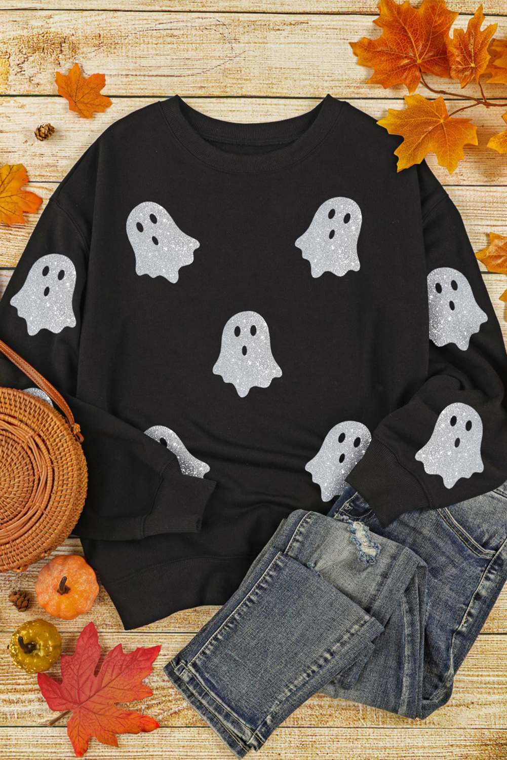Black Glitter Ghost Pattern Crew Neck Halloween Sweatshirt - Image 5