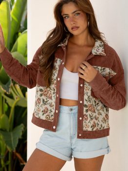 Clay Ribbed Retro Floral Patchwork Shirt Style Jacket