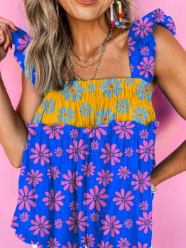 Blue Floral Colorblock Flutter Straps Flowy Tank Top