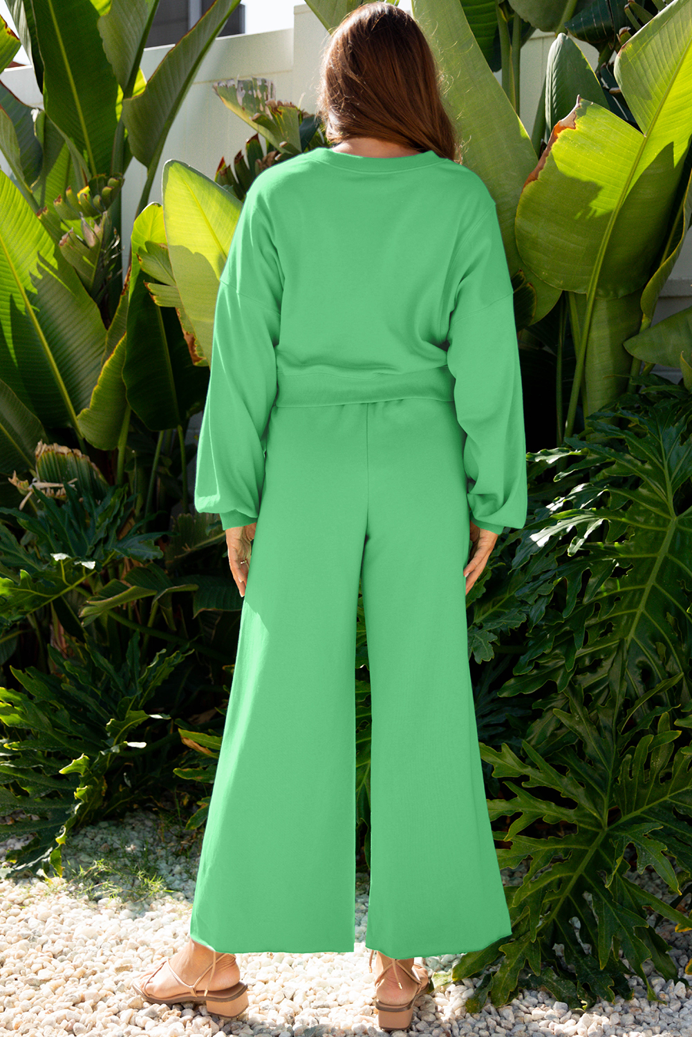 Bright Green Drop Shoulder Puff Sleeve Crop Pullover Drawstring Wide Leg Pants Set - Image 2