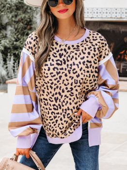 Purple Stripe Color Block Patchwork Leopard Casual Sweatshirt with Slits