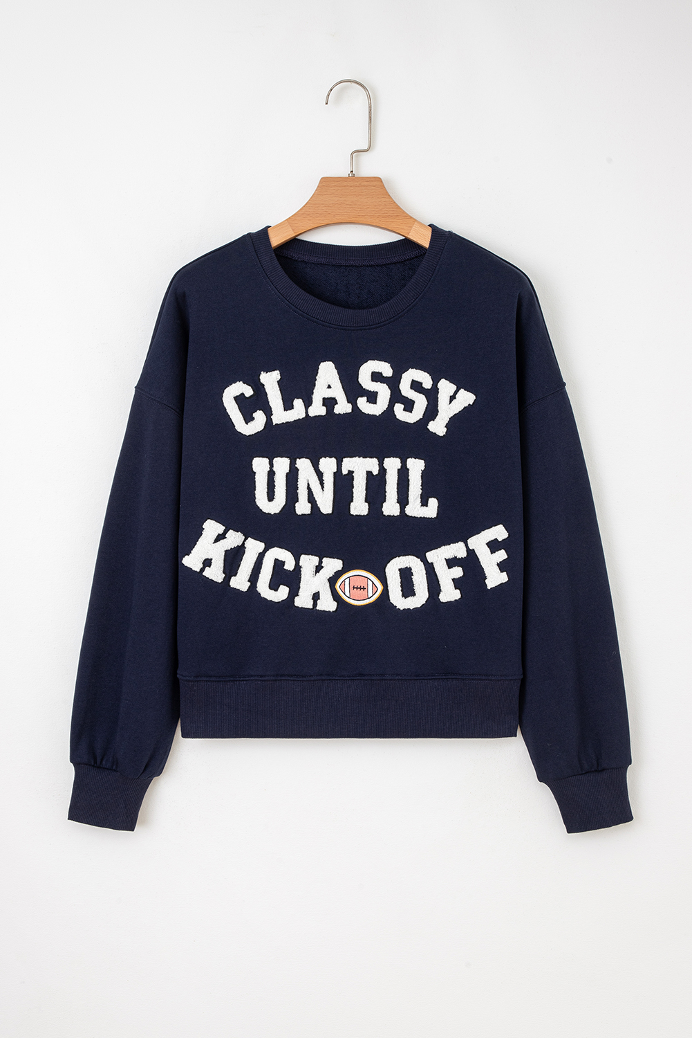 Navy Blue CLASSY UNTIL KICKOFF Plush Letter Patched Loose Sweatshirt - Image 3
